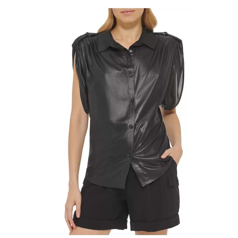 DKNY Women's Black Roll Tab Sleeve Blouse Size M New With Tags